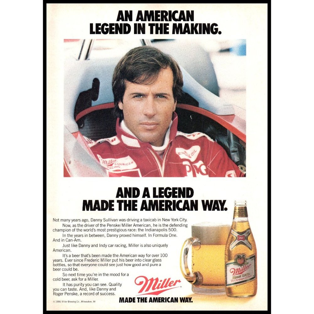 1986 Miller High Life Beer Indy 500 Champion Danny Sullivan Vintage Print Ad Art